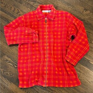 Chaus Sport Vintage Y2K Red Orange Plaid Corduroy Zip Shirt Jacket Size L Retro